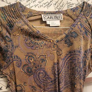 Carlisle Green Gold Paisley 100% Silk pullover v-neck